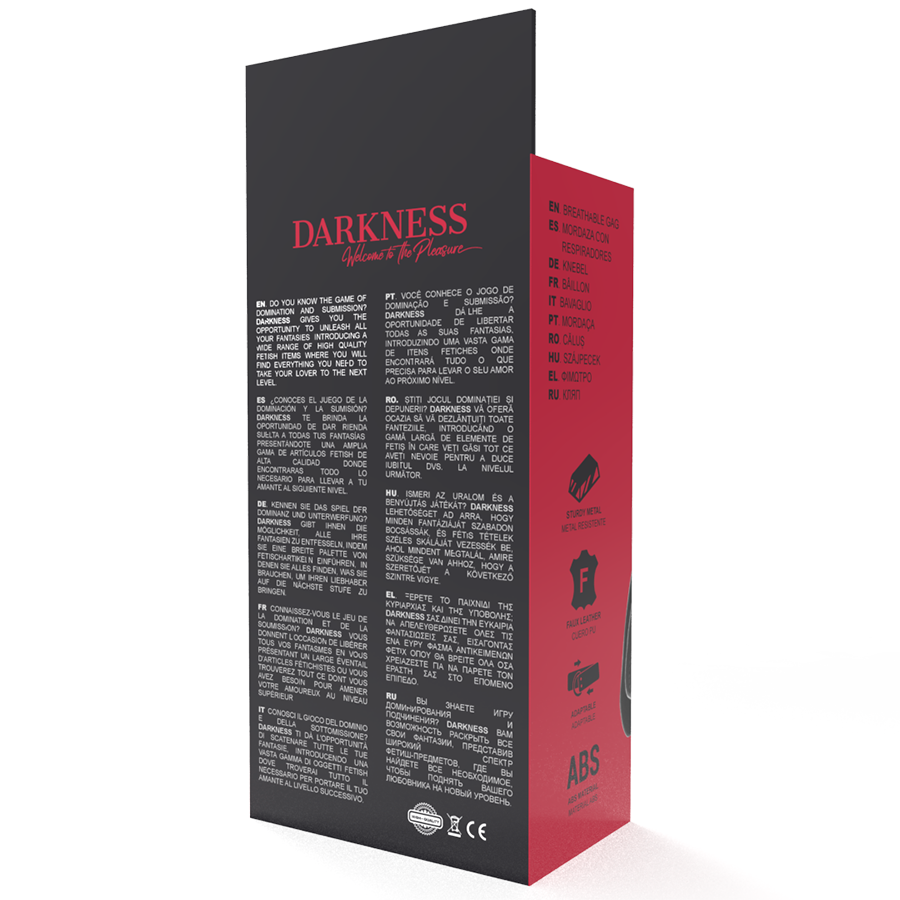 Mordaça respirável preta Darkness em couro para jogos BDSM.