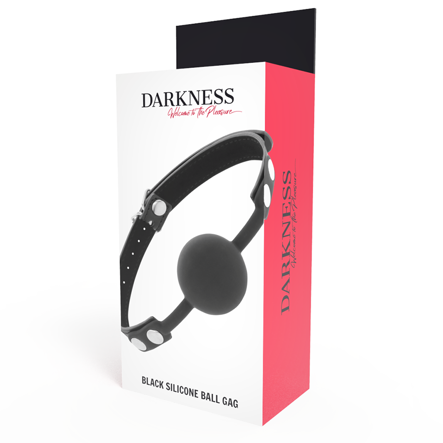 Mordaça de Silicone Preta DARKNESS com tiras de couro ajustáveis, ideal para BDSM.