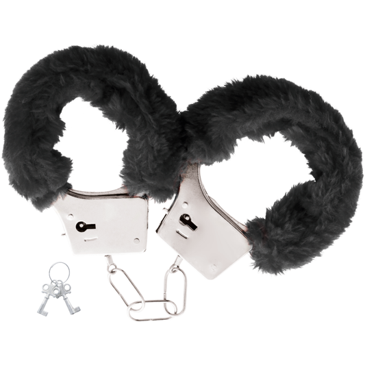 Close-up das Algemas de Metal Darkness com forro preto, mostrando o design e a corrente de ligação.