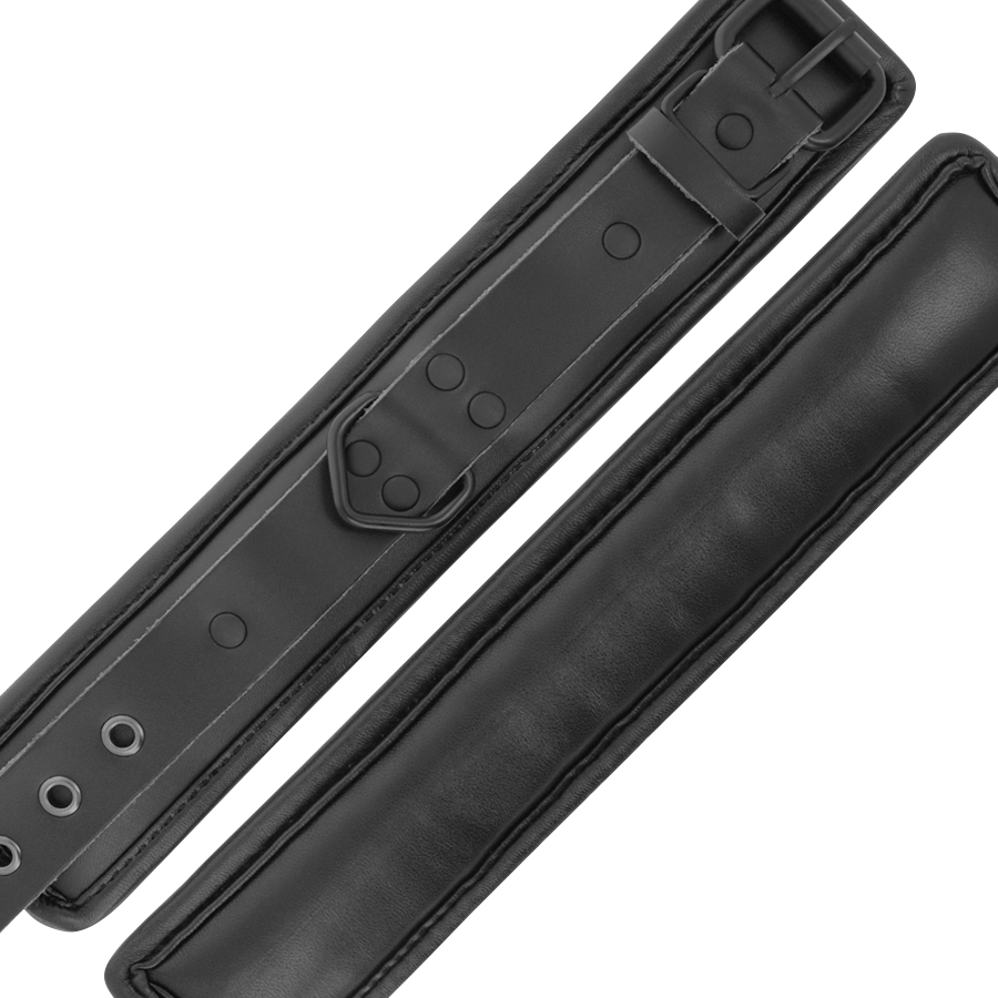 Detalhe das Algemas de Tornozelo Ajustáveis Darkness em couro sintético preto.