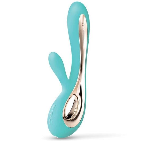 Close-up do vibrador LELO Soraya 2 Coelho Aqua, destacando o design ergonómico e silicone macio.