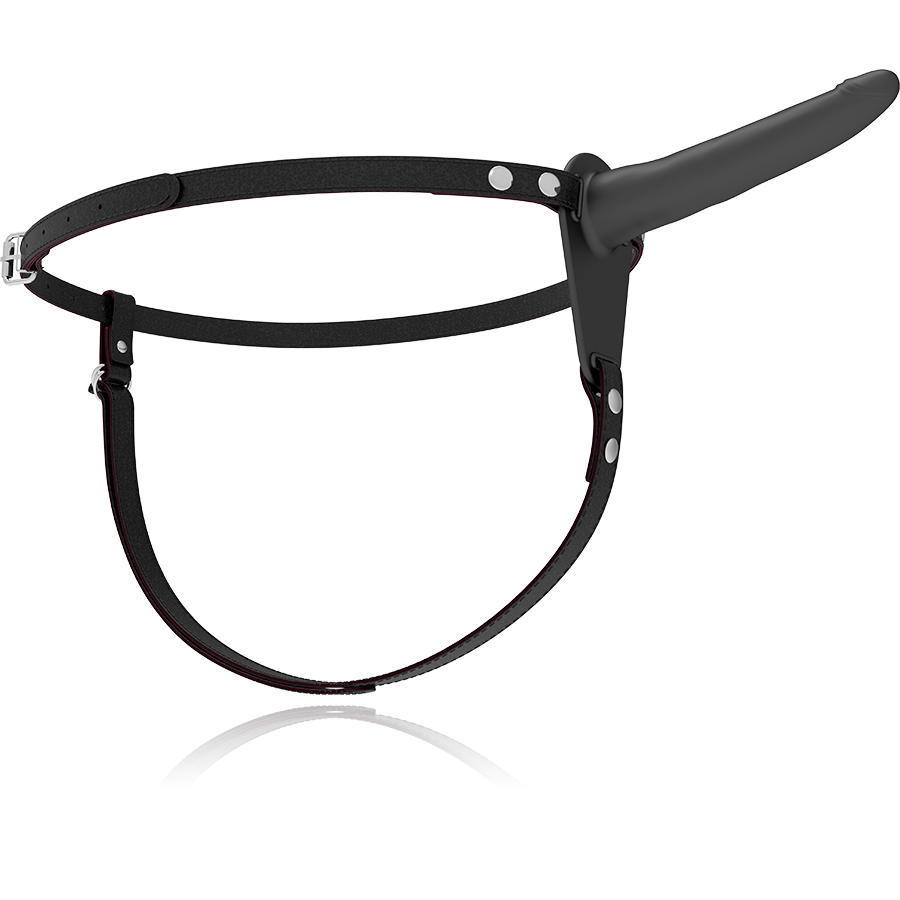 Close-up do Arnês com Vibrador Fetish Submissive de Silicone Preto, mostrando detalhes do design e textura.