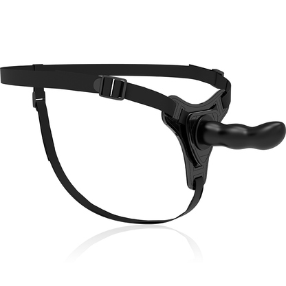 Close-up of the Fetish Submissive Silicone Harness in black, showing its flexible texture and 16cm G-spot tip.