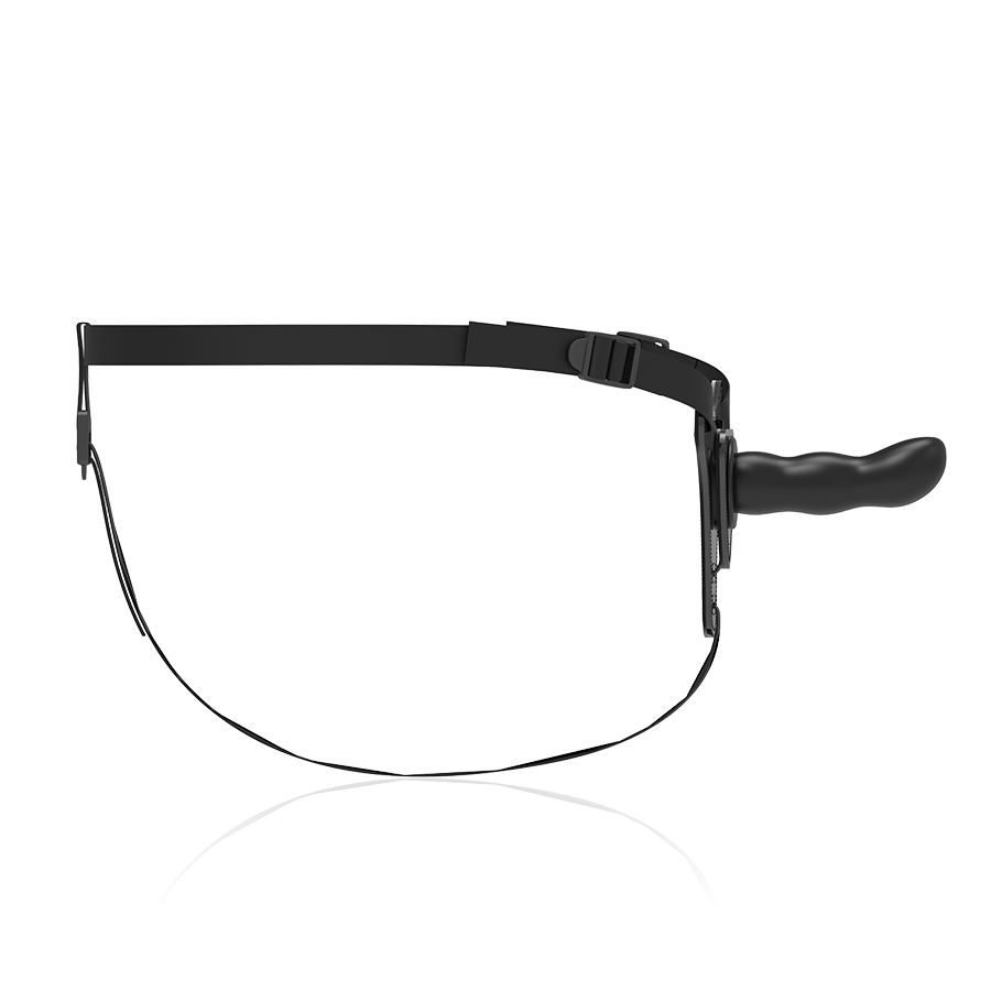 Close-up of the Fetish Submissive Silicone Harness in black, showing its flexible texture and 16cm G-spot tip.