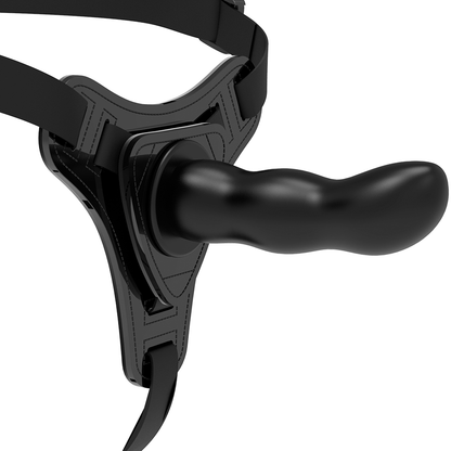 Close-up of the Fetish Submissive Silicone Harness in black, showing its flexible texture and 16cm G-spot tip.