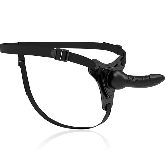 Close-up do Arnês Fetish Submissive de Silicone Preto Realista 16cm, mostrando sua textura suave e design ergonómico.