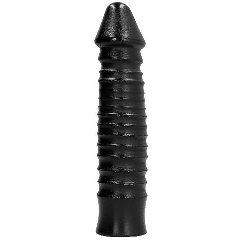 Dildo ALL BLACK estriado e grande de 26 cm, mostrando a sua textura e dimensões para prazer intenso.