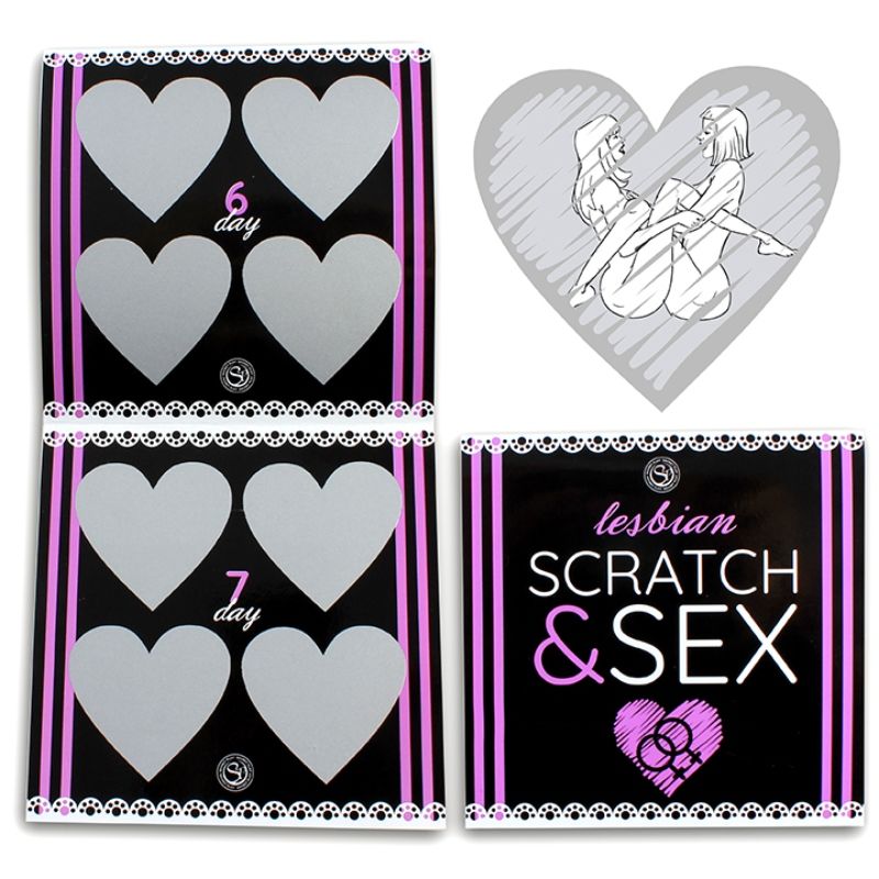 Close-up of the SECRETPLAY Jogo Scratch & Sex Lésbico, showing game cards and design for couples.