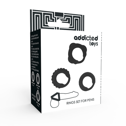 Conjunto de 3 Anéis Penianos ADDICTED TOYS na cor preta, com diferentes diâmetros, para intensificar o prazer e a ereção.