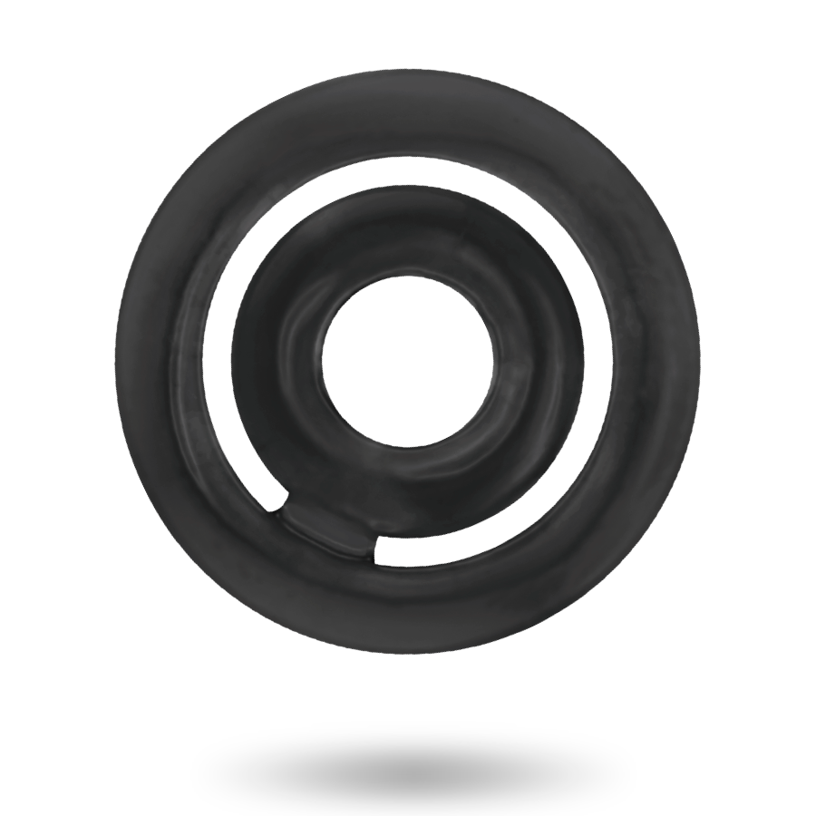 Imagem do conjunto de anéis penianos Addicted Toys Potenz C-Ring pretos, mostrando o design e o material de silicone.