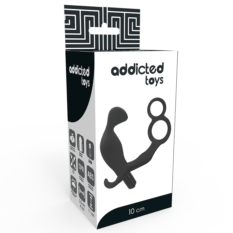 Close-up of the ADDICTED TOYS Plug Anal Vibratório com Anel Peniano Duplo e Testículos, showing its black color and smooth TPR texture.