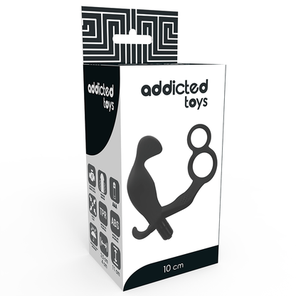 Close-up of the ADDICTED TOYS Plug Anal Vibratório com Anel Peniano Duplo e Testículos, showing its black color and smooth TPR texture.