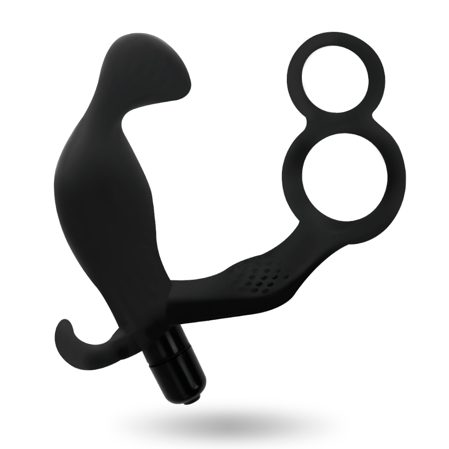 Close-up of the ADDICTED TOYS Plug Anal Vibratório com Anel Peniano Duplo e Testículos, showing its black color and smooth TPR texture.