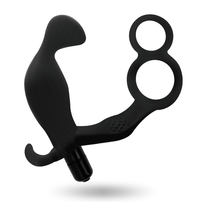 Close-up of the ADDICTED TOYS Plug Anal Vibratório com Anel Peniano Duplo e Testículos, showing its black color and smooth TPR texture.