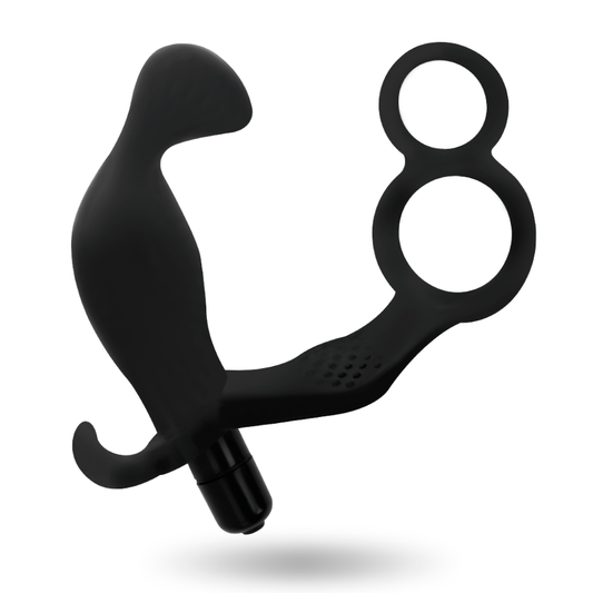 Close-up of the ADDICTED TOYS Plug Anal Vibratório com Anel Peniano Duplo e Testículos, showing its black color and smooth TPR texture.