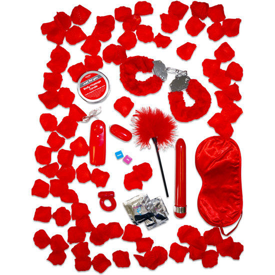 Imagem do Kit Romance Vermelho TOYJOY com vibrador, esposas e acessórios sensuais.