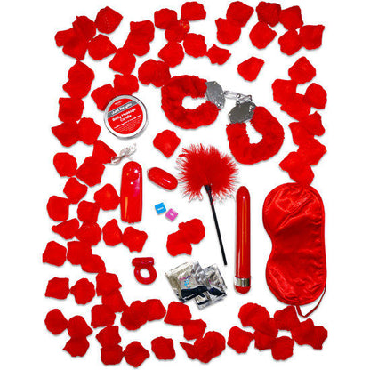 Imagem do Kit Romance Vermelho TOYJOY com vibrador, esposas e acessórios sensuais.