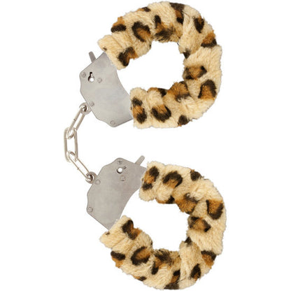 Close-up of the TOYJOY Punhos Bondage Furry Leopardo com Corrente showing its soft texture and leopard print design.