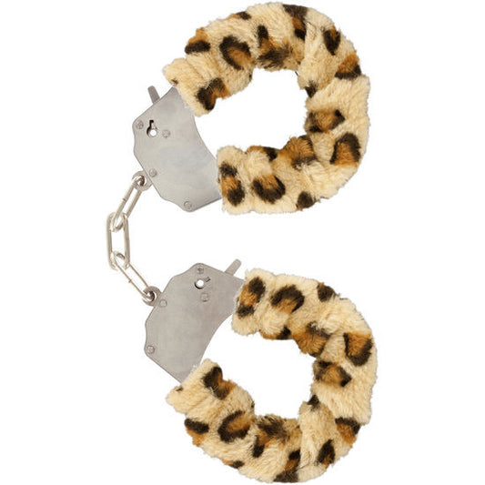 Close-up of the TOYJOY Punhos Bondage Furry Leopardo com Corrente showing its soft texture and leopard print design.
