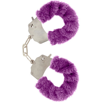 Detalhe das Algemas de Bondage TOYJOY Furry Fun Roxo com pelúcia macia e corrente de aço.