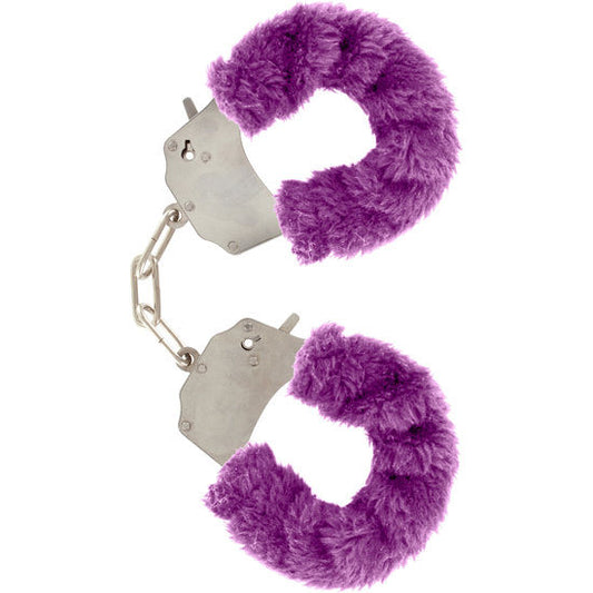 Detalhe das Algemas de Bondage TOYJOY Furry Fun Roxo com pelúcia macia e corrente de aço.