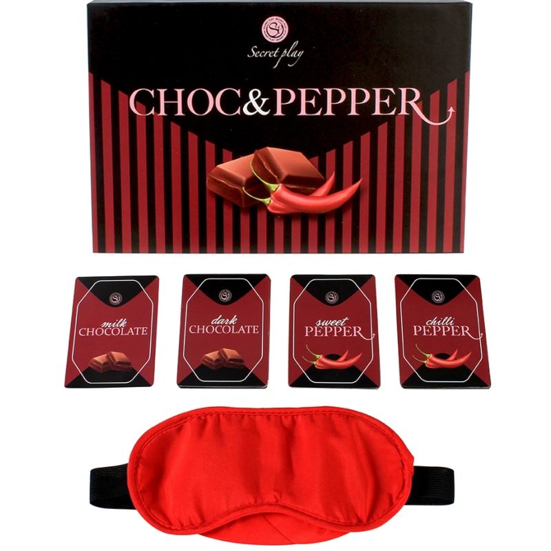 SECRETPLAY Jogo Erótico Choc & Pepper para Casais com cartas de chocolate e picantes e uma venda.
