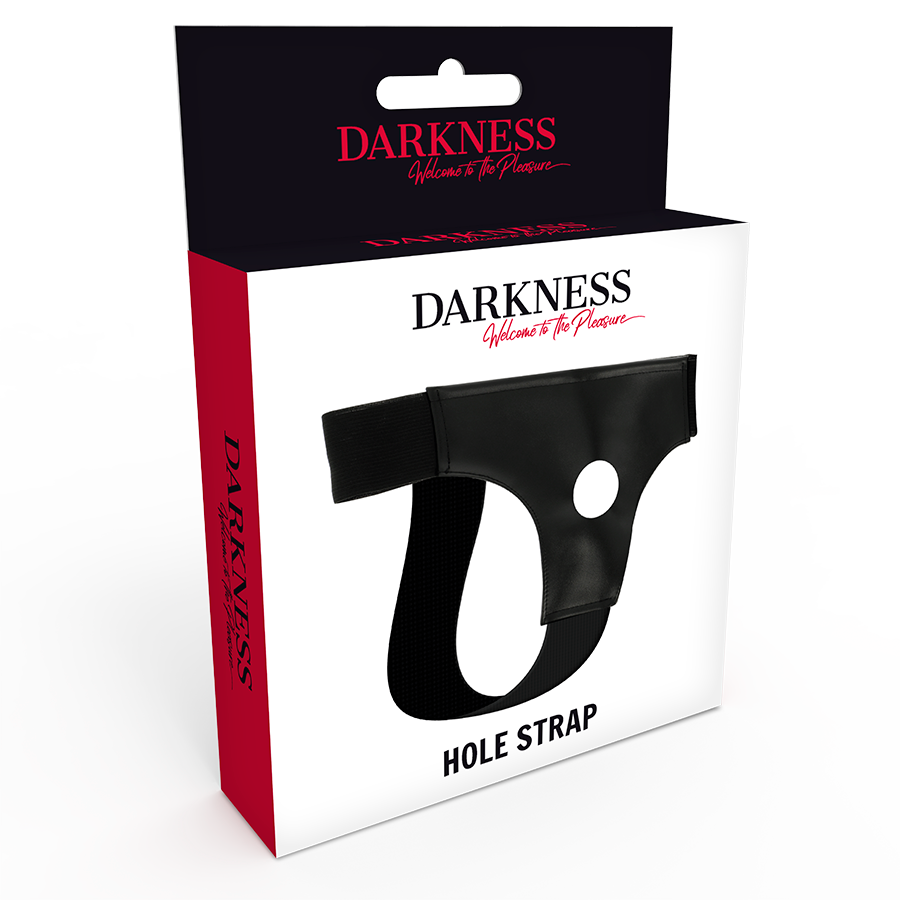 Arnês DARKNESS em couro PU com furo para vibrador, tamanho único e ajustável.