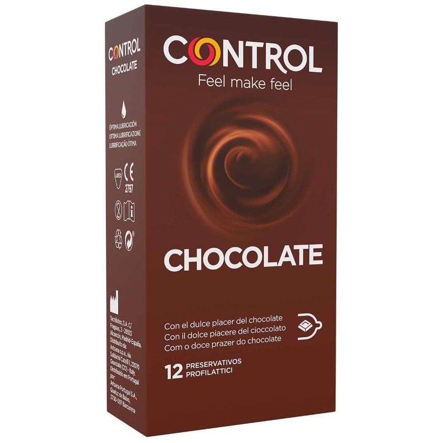 Preservativos CONTROL Adapta Sabor Chocolate 12 Unidades, imagem de embalagem e produto.