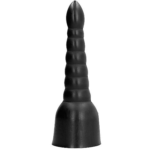 Dildo ALL BLACK Texturizado 34 CM em fundo preto, destacando suas ranhuras para estimulação.