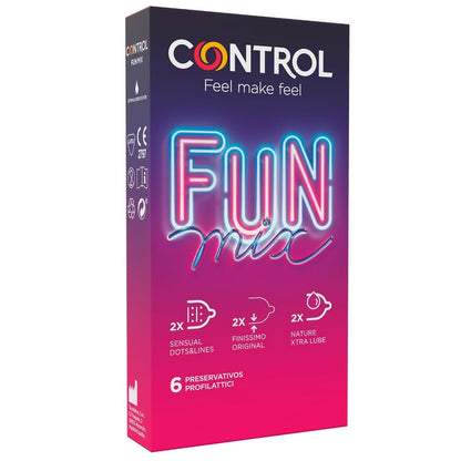 Embalagem de preservativos CONTROL Feel Fun Mix com 6 unidades, destacando a variedade de sensações