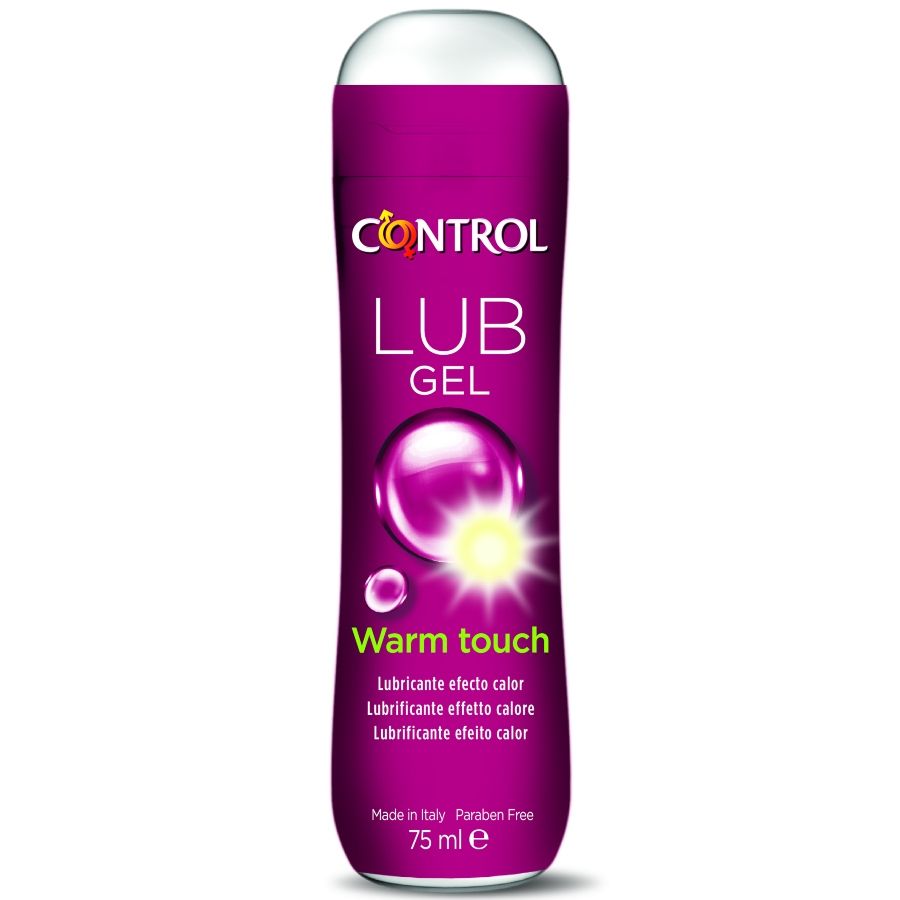 Detalhe do CONTROL Gel Lubrificante Efeito Calor Warm Touch 75 ML, mostrando a embalagem e a textura do produto.