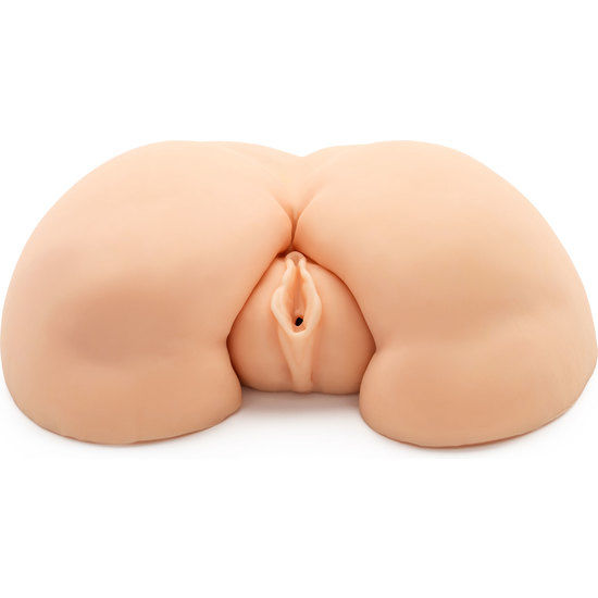 Close-up do ACT Masturbador Duplo Horny Fuck Slut com Vibrador, mostrando os detalhes dos canais anal e vaginal.