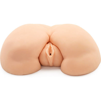 Close-up do ACT Masturbador Duplo Horny Fuck Slut com Vibrador, mostrando os detalhes dos canais anal e vaginal.