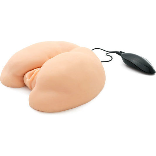 Close-up do ACT Masturbador Duplo Horny Fuck Slut com Vibrador, mostrando os detalhes dos canais anal e vaginal.