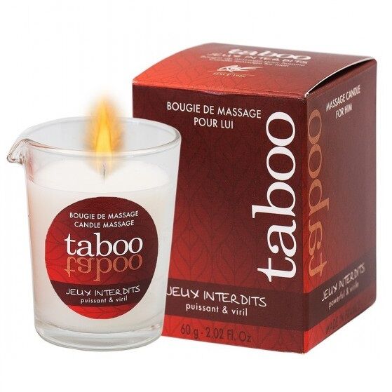 Close-up da Vela de Massagem Taboo RUF para Ele 60g com aroma de líquen selvagem, mostrando o recipiente de vidro e a cera derretida.