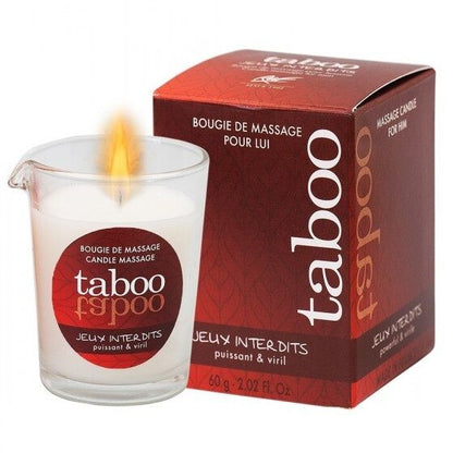 Close-up da Vela de Massagem Taboo RUF para Ele 60g com aroma de líquen selvagem, mostrando o recipiente de vidro e a cera derretida.