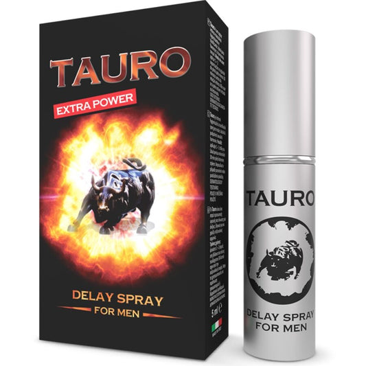 TAURO Spray Retardante Extra Power para Homens 5 ml, embalagem do produto e detalhes da aplicação.