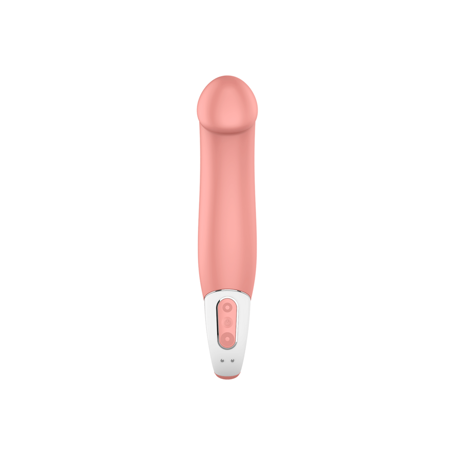 Close-up do vibrador Satisfyer Vibe Master, mostrando seu design ergonómico de silicone suave e botões de controle.