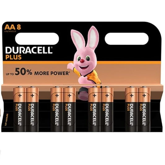 Pilhas Duracell AA Plus Power 8 Unidades, detalhe da embalagem e das pilhas.