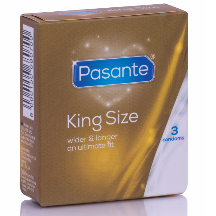 Close-up dos Preservativos PASANTE King Size, mostrando a embalagem e o material.