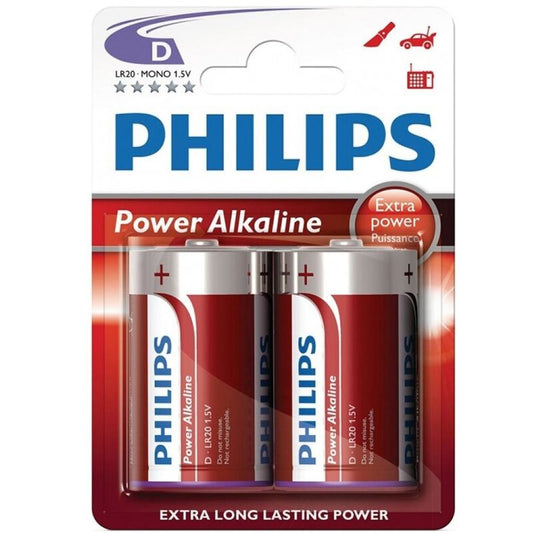 Pilhas Alcalinas PHILIPS Tipo D LR20 em blister de 2 unidades, mostrando detalhes da embalagem e do produto para energia duradoura.
