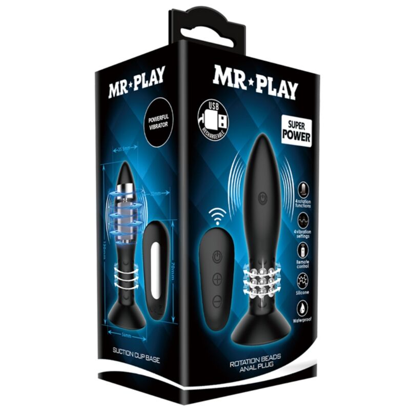 MR PLAY Plug Anal com Controle Remoto, Bolas Rotativas e Vibração de silicone macio