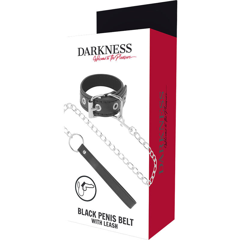 Anel peniano Darkness com alça e corrente para BDSM, em couro vegano preto e detalhes metálicos.