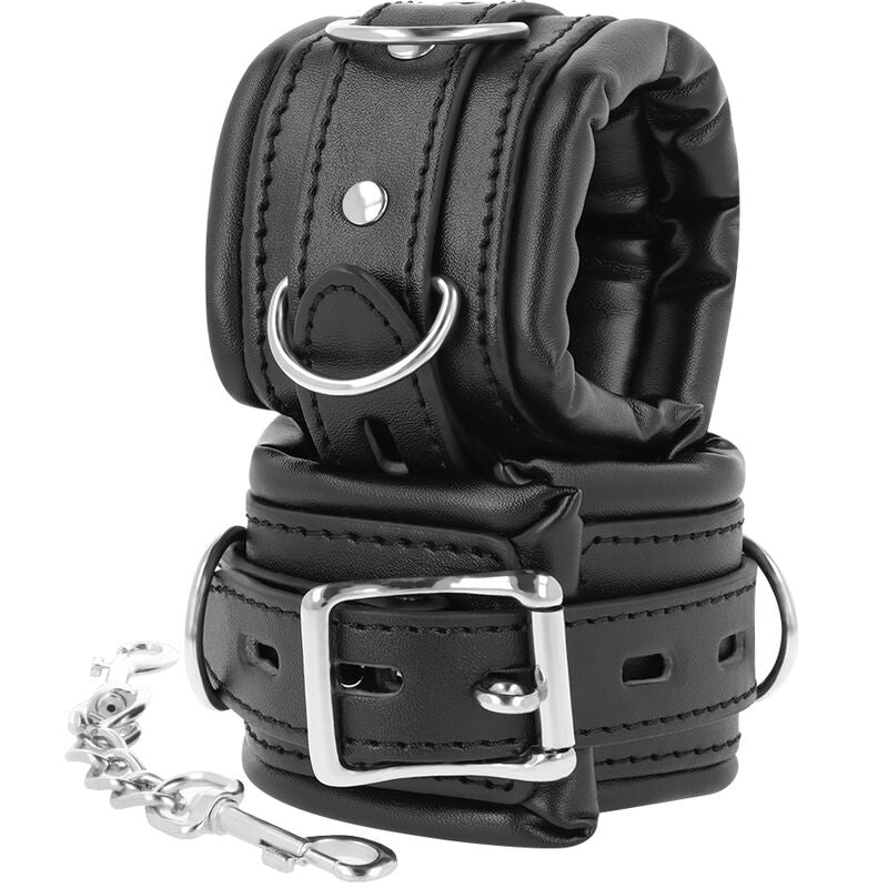 Close-up das Algemas BDSM Acolchoadas Premium Darkness, mostrando o detalhe do acolchoamento e da fivela.