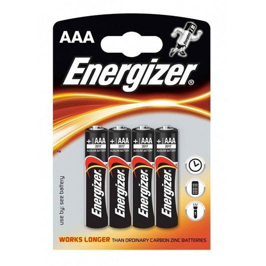 Pack de 4 Pilhas Alcalinas ENERGIZER AAA LR03, mostrando a embalagem e as pilhas.