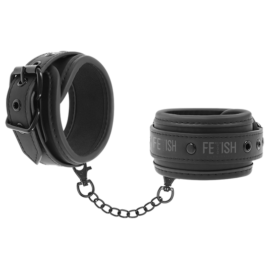 Close-up of the FETISH SUBMISSIVE Vegan Leather Cuffs with Neoprene Lining, ideal for BDSM and bondage, showcasing its texture and features.