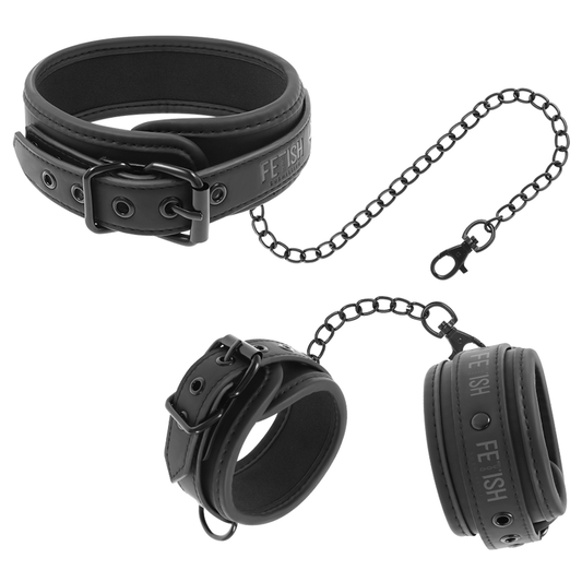 Conjunto Fetish Submissive de colar e algemas em couro vegano com forro de neopreno para BDSM.