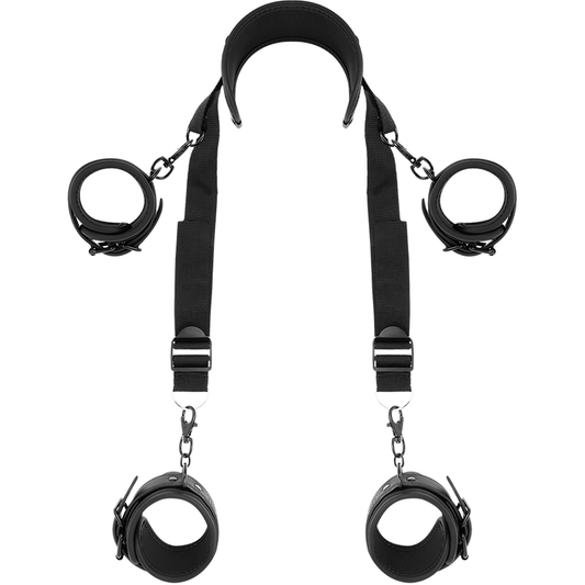 Conjunto Posição Mestre FETISH SUBMISSIVE com 4 algemas e arnês de neoprene e couro vegano.
