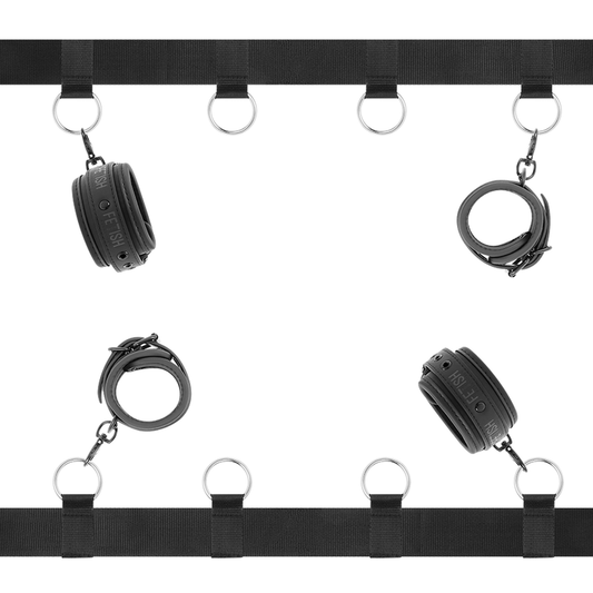 Close-up do Conjunto de Laços de Cama BDSM Luxo FETISH SUBMISSIVE com forro de neoprene e couro vegano.