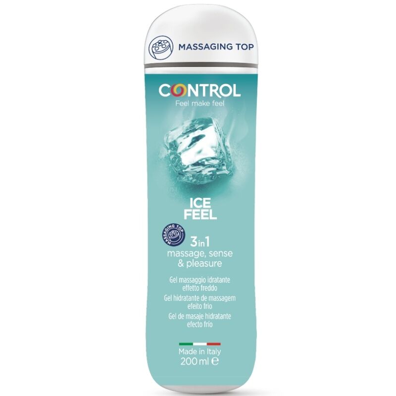 Embalagem do CONTROL Gel 3 em 1 Ice Feel 200 ML com detalhe do rótulo e textura.